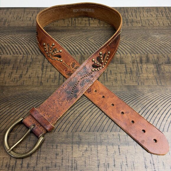 Express Brown Genuine Leather Floral Embossed Wide Studded Belt Women Size L main image 10